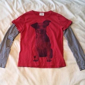 Mini Boden Red Dog Graphic w/ Navy Striped Sleeves